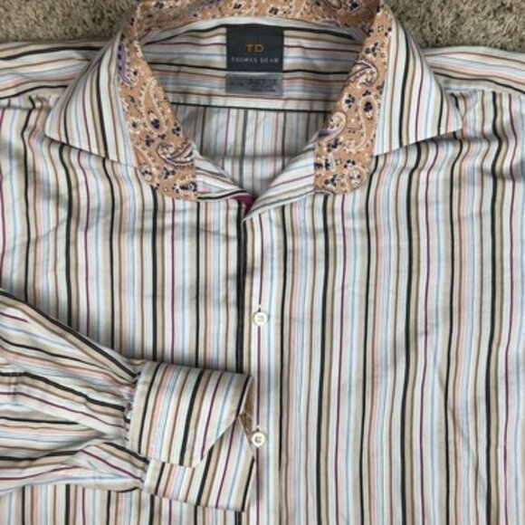 Thomas Dean Striped Ivory Paisley Long Sleeve Button Up XL Cream Brown Blue ... - Picture 1 of 10